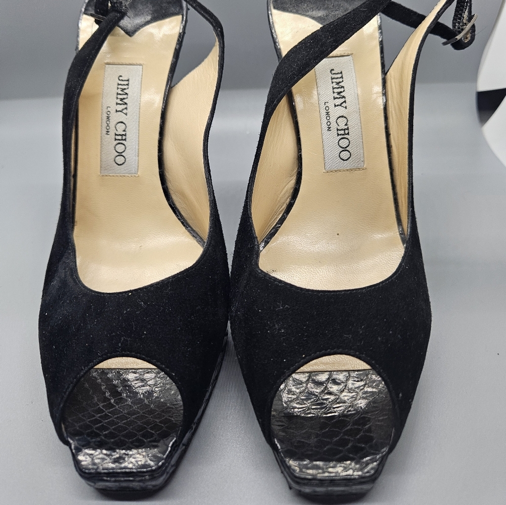 Jimmy Choo Black Suede and Snakeskin Slingbacks